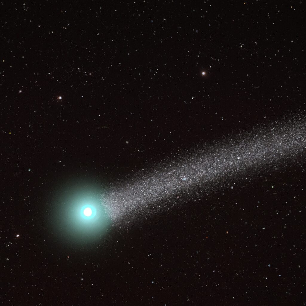 A smart telescope capturing the comet 3I/ATLAS in a clear night sky, showcasing its interstellar trajectory with a glowing comet tail, surrounded by stars.